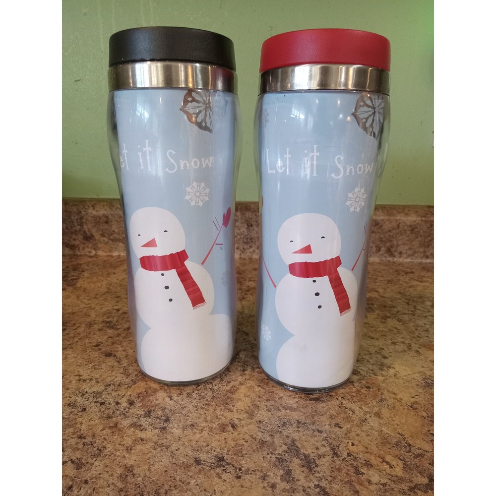 Snowman Travel Mug Tumbler Set of 2 Stainless Steel Black Red Lid Holiday